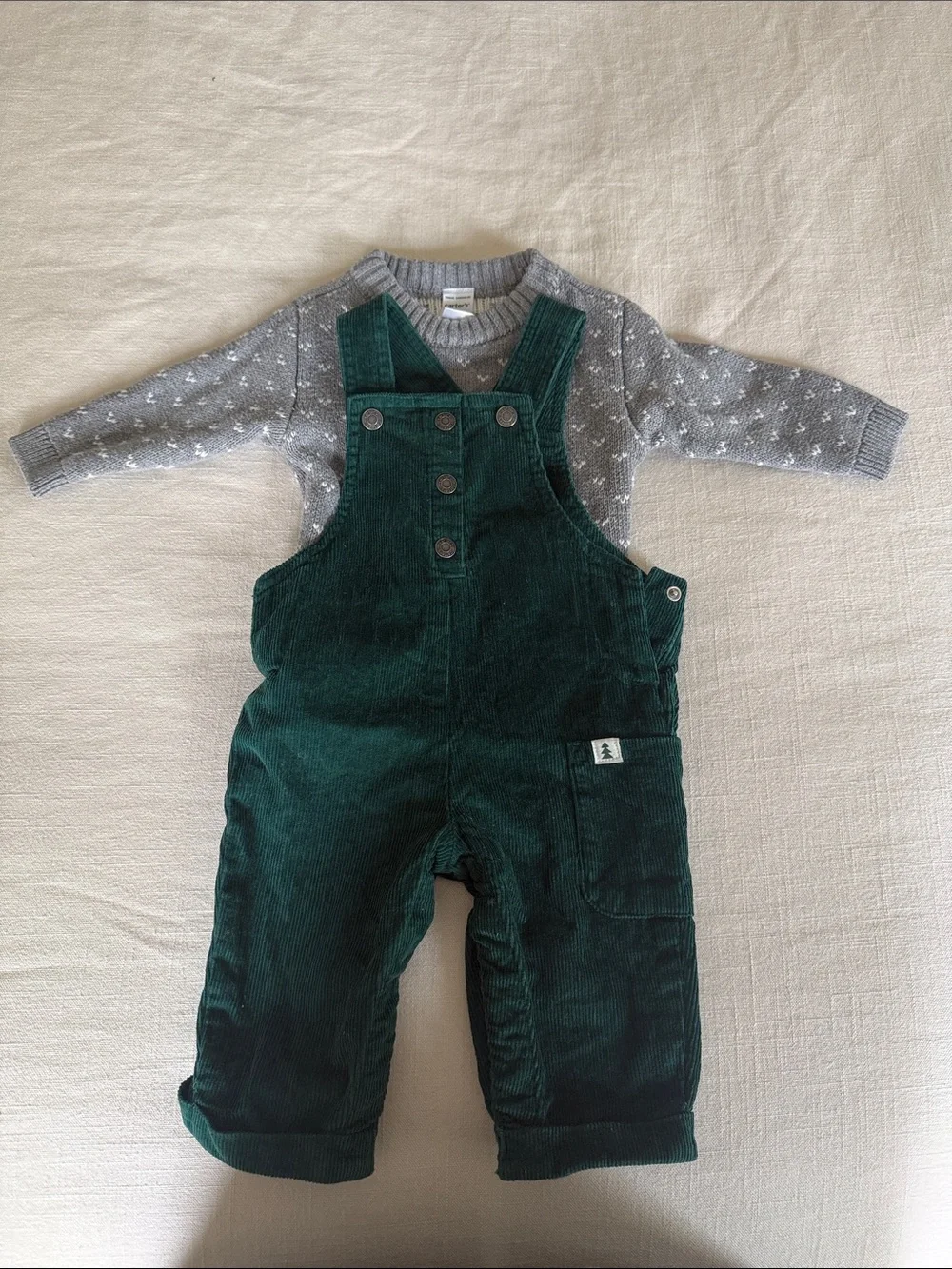 Carter's Dark Green Corduroy Overalls with matching Gray sweater